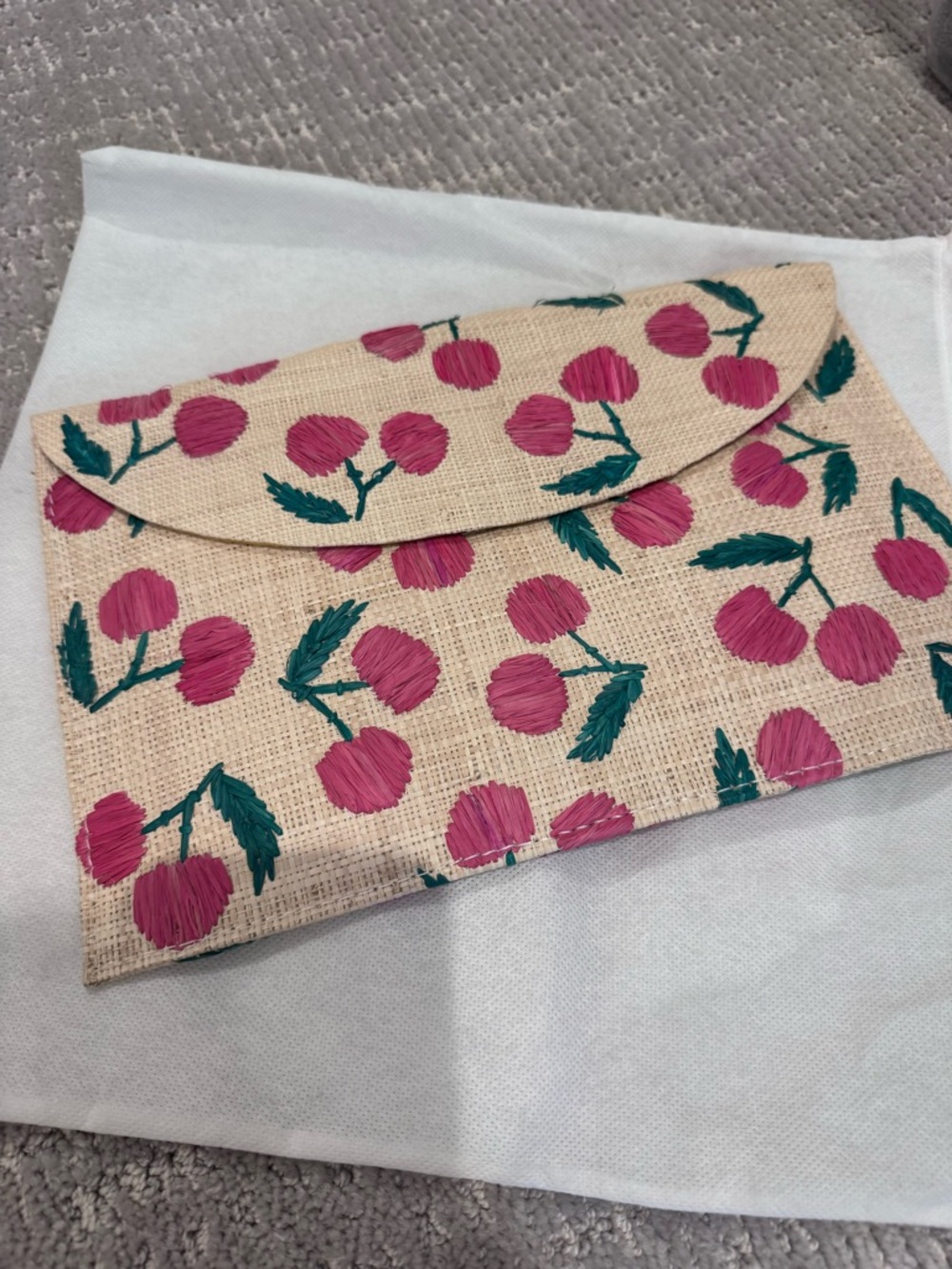 NWT Pink Cherry Embroidered Straw Clutch by Kayu